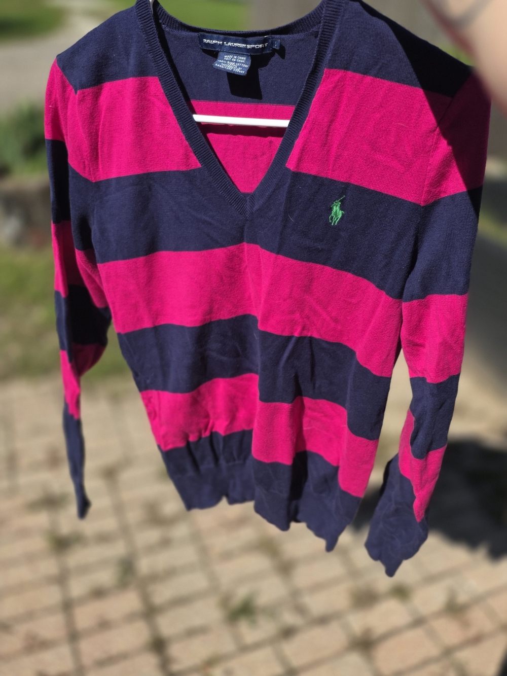 Polo by Ralph Lauren V-Neck Striped Long Sleeve Shirt- Navy & Bright Pink